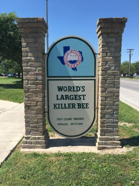 Знак у статуи «Пчела-убийца» в Хидалго, Техас, посвящённой первой колонии этих насекомых в США