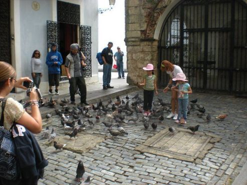 Дети кормят голубей около часовни Святого Христа 