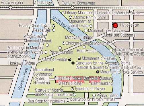 Красная точка на этой карте показывает место взрыва бомбы над Хиросимой