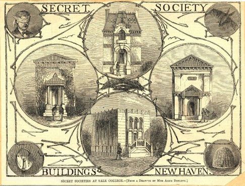 Здания тайных обществ Йеля на рисунке 1869-1903 г. Бывшая штаб-квартира "Черепа и костей" в центре слева