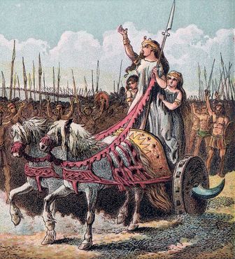 Иллюстрация Викторианской эпохи, изображающая Боадицею, возглавляющую армию, и её дочерей
