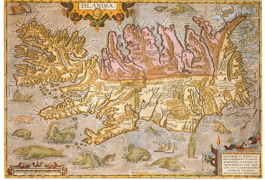 1590 карта Исландии с морскими чудовищами