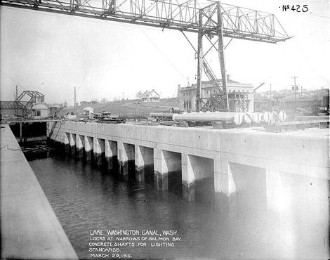 Судоходный канал озера Вашингтон, сооружение шлюзов «Хирам М. Читтенден», 29 марта 1916 года