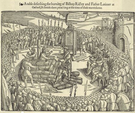 Иллюстрация, показывающая сожжение на костре Хью Латимера и Николаса Ридли