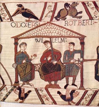 Фрагмент гобелена из Байё, изображающий Вильгельма Нормандского и его сводных братьев Одо и Роберта.