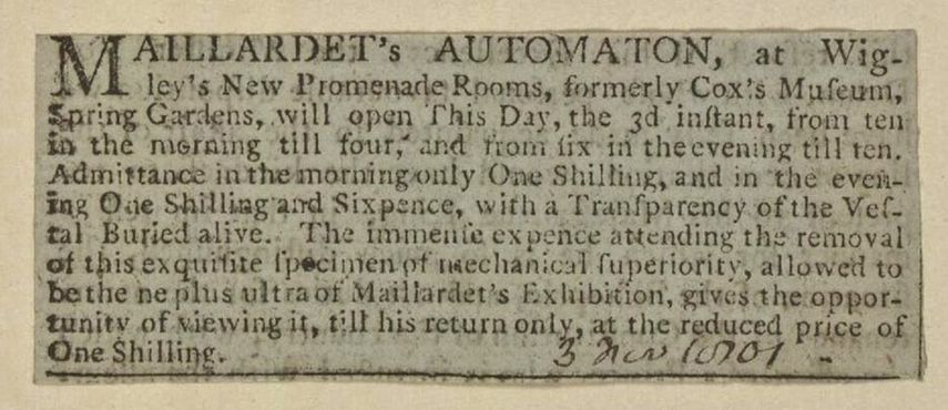 Реклама механического мальчика, опубликованная в одной из газет в 1801 году