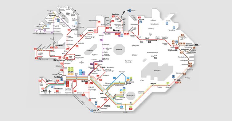 Карта автобусных маршрутов Исландии (1.2 Мб)