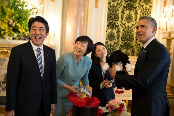 Барак Обама с чехлом от клюшки для гольфа, подаренной ему премьер-министром Японии Синдзо Абэ