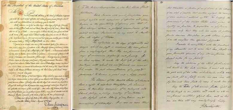 Письмо Сейшаса Вашингтону и ответное письмо Вашингтона еврейской конгрегации в Ньюпорте