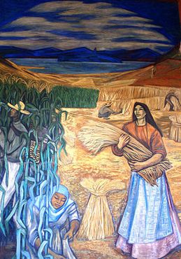 Сцена сбора урожая кукурузы и пшеницы, на заднем плане виден остров Пацкуаро, где родился Сальсе