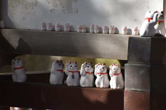 Крошечные фигурки манэки-нэко в храме Готокудзи