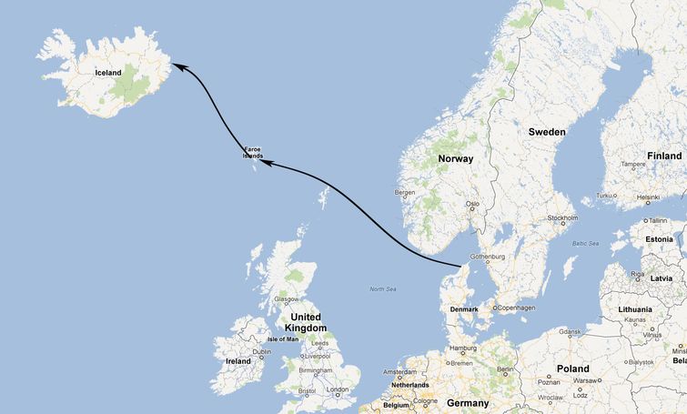 Маршрут парома из Дании (Хиртсхальс) в Исландию (Сейдисфьордюр)