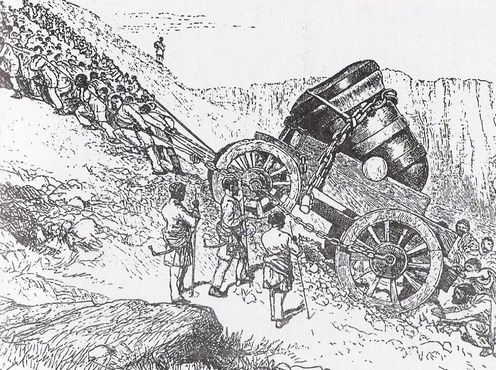 Солдаты тащат мортиру "Севастополь" на гору Магдала, а на заднем плане за ними наблюдает Теодрос II