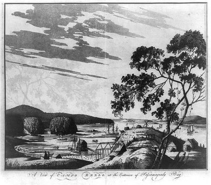 Вид на остров Кампобелло и залив Пассамакводди в 1780 году, задолго до строительства маяка