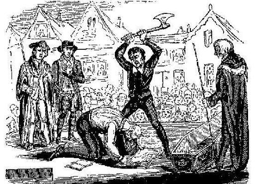 Иллюстрация XVIII века, изображающая казнь топором, нарисованная свидетелем казни Фрейзера