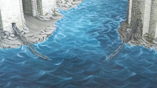 Фрагмент картины современного художника Ойи А. Шириноз с изображением цепи, частично погружённой в воду 