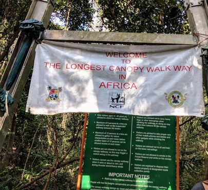 Баннер у входа на самую длинную подвесную тропу в Африке