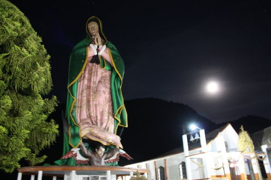 Дева Мария Гваделупская на фоне церкви и полной луны