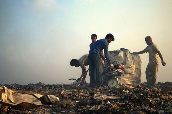 Рабочие сортируют мусор