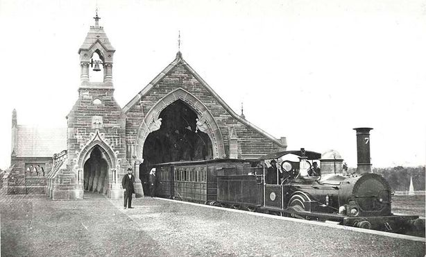 Похоронная станция на кладбище Руквуд. Похоронный поезд на станции, примерно 1865 год