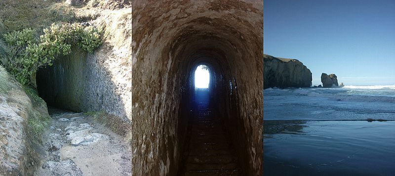 Коллаж из фото туннеля в Данидине: начало, взгляд назад и вверх и вид на пляж при выходе из туннеля (Wikimedia Commons)