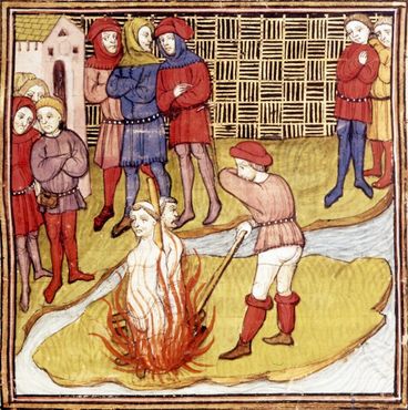 Иллюстрация изображает казнь на костре. Примерно 1380 г.