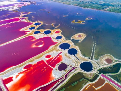 Активность водорослей летом окрашивает соляное озеро в яркие цвета