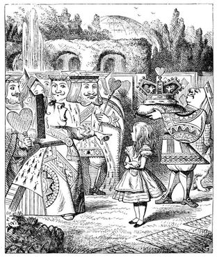 Иллюстрация к «Алисе в Стране чудес» с оранжереей на заднем плане 