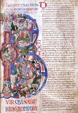 Рукопись из Сент-Эвру с изображением царя Давида с лирой (или арфой) в середине начальной буквы B