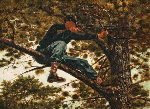 На картине Уинслоу Хомера, написанной в 1863 году, изображён сидящий на дереве снайпер