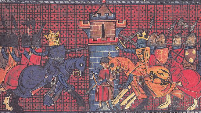 Сцена из средневекового манускрипта, изображающая битву