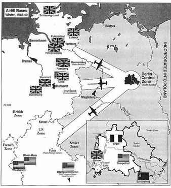 3 воздушных коридора, базы воздушных перевозок и контролируемые союзниками сектора в Германии и Берлине после 1948/49 гг.