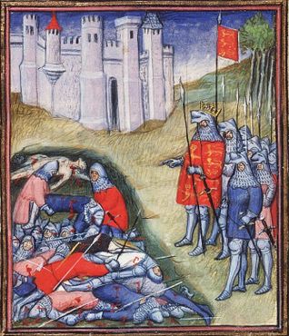Средневековая иллюстрация, изображающая Черного принца, считающего мертвых после битвы 
