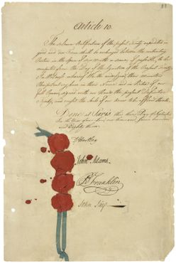 Последняя страница проекта Парижского мирного договора 1783 года, подписанная 4 дипломатами