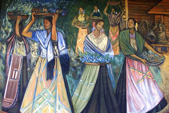 Фрагмент фрески с изображением крестьянок в традиционных платьях Мичоакана