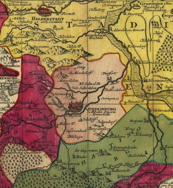 Кведлинбург указан на этой карте XVIII века как "Abbatia Imperii Immediata" (Непосредственное имперское Аббатство)