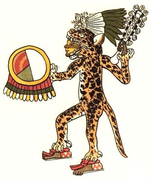 Изображение рыцаря-ягуара из кодекса. Воин одет в шкуру ягуара поверх хлопчатых доспехов и держит в руках дубинку макуауитль