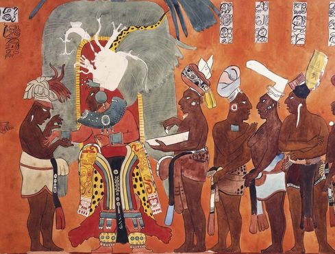 Репродукция фрески из Бонампака, изображающая ритуал кровопускания