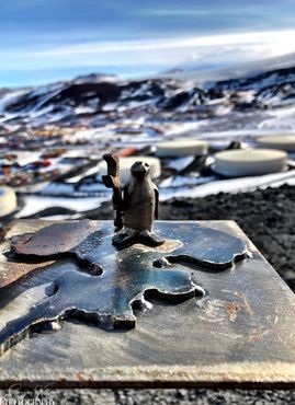 Этот крохотный металлический пингвин, глядящий на станцию, стоит на карте Антарктиды около наблюдательного холма. Много лет назад сварщик попрятал множество своих статуэток по всей станции, и это одна из них