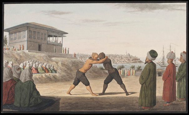 На картине греческого художника изображена масляная борьба во дворе турецкого дворца «Топкапы» (1809 год)