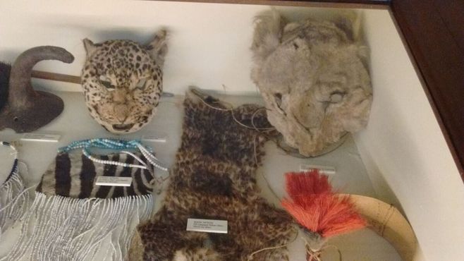 Этнографические артефакты из Кении, в том числе маски из шкур леопарда и льва