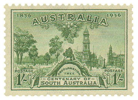 Зеленая почтовая марка в 1 шиллинг, выпущенная в честь столетия Прокламации об образовании колонии