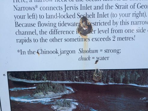 Знак в Норт-Пойнт. Название «Скукумчак» весьма удачно: это жаргонизм из языка племени чинук, в переводе — «сильная вода»
