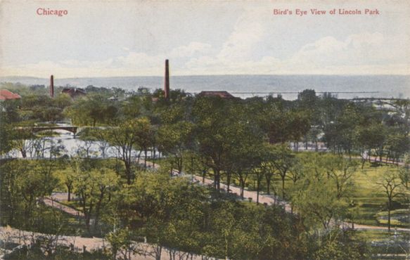 Вид с высоты птичьего полёта на Линкольн-Парк примерно в то время, когда была установлена статуя Блэка