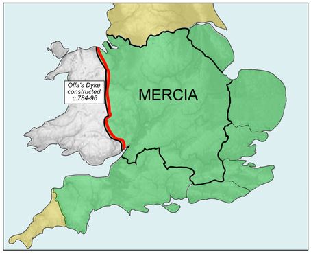 Карта границ Мерсии, сделанная на основе карты из Атласа англосаксонской Англии