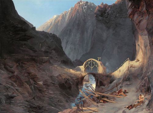 Строительство Чёртова моста на картине 1833 года