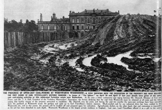 Статья в газете (1947 г.) о добыче угля в Уэнтворт Вудхаус. На фото показано разрушение поместья