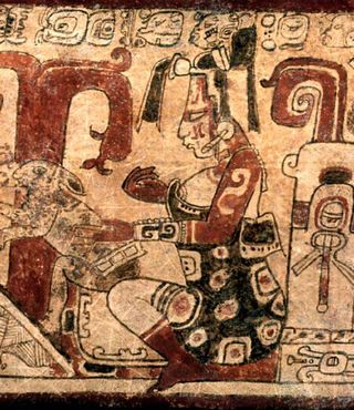 Керамика майя с изображением богини луны Авиликс и ее ручного кролика