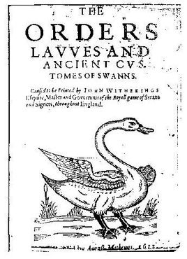 Репродукция первой страницы книги 1632 года о положении лебедей-шипунов в Англии