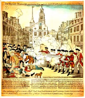 Эта ранняя иллюстрация отражает огромный интерес и активную реакцию среди населения на Бостонскую бойню
